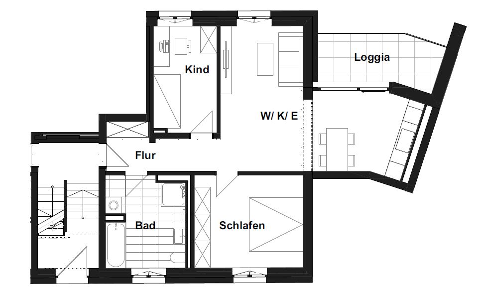 Grundriss einer 3-Raum-Wohnung mit Terasse